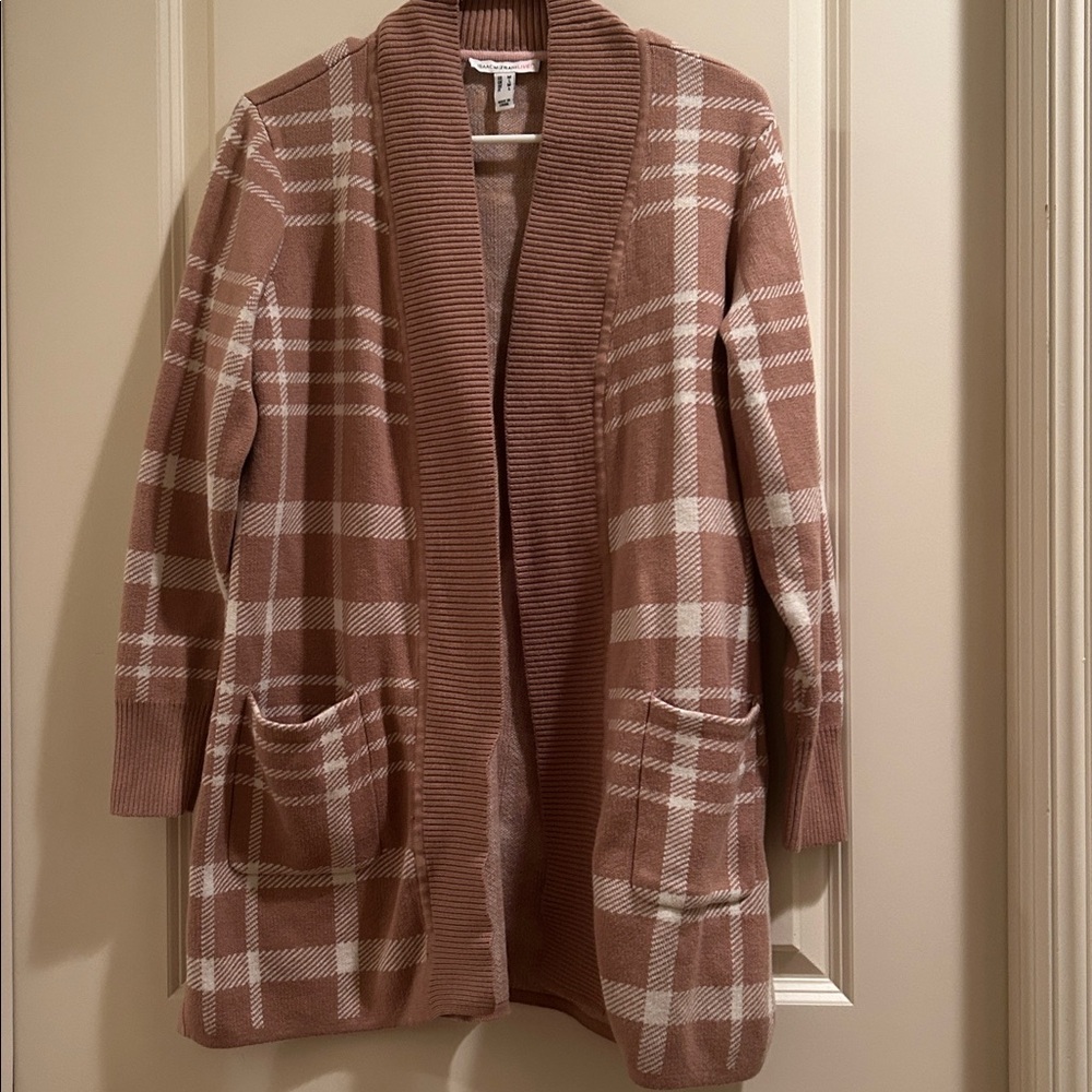 Isaac Mizrahi Live Plaid open Cardigan Sweater ribbed trim pockets size M beige